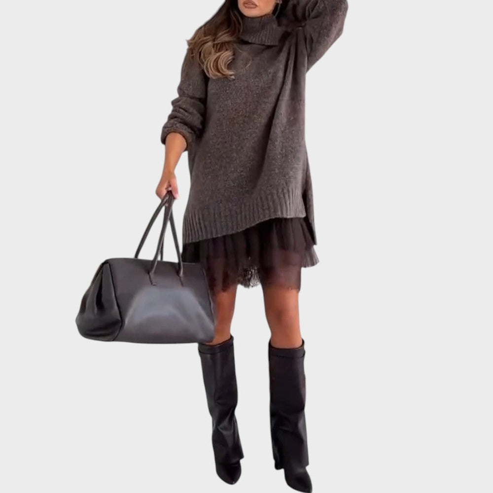 Matilda Elegant Turtleneck Sweater Dress with Lace Hem - image 2