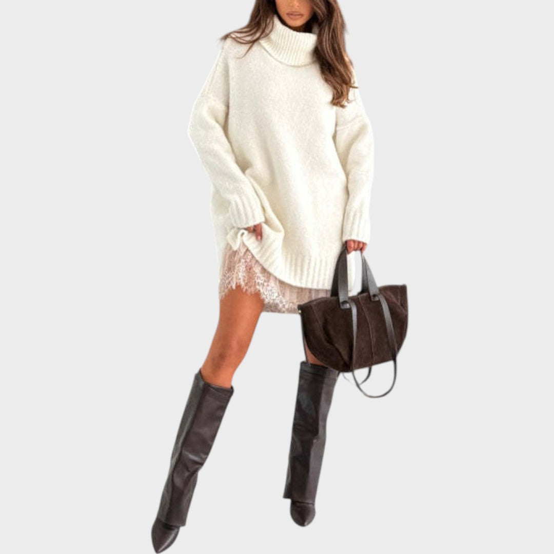 Matilda Elegant Turtleneck Sweater Dress with Lace Hem - image 13