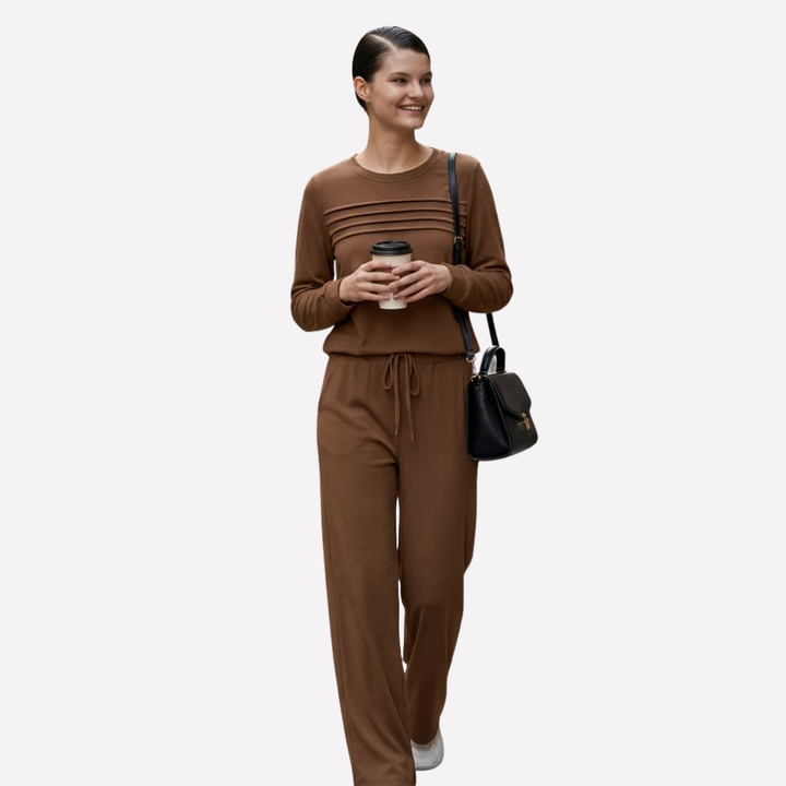 Delyth Elegant Mock Neck Knit Top and Wide Leg Trouser Set