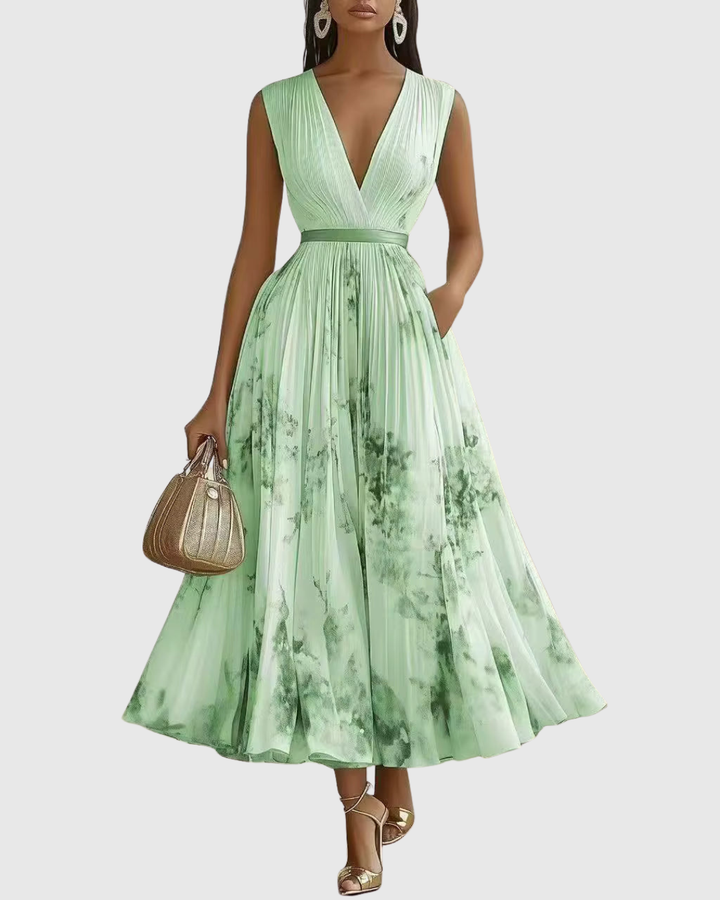 Lydia Elegant Pleated Floral Maxi Dress with Tie Waist