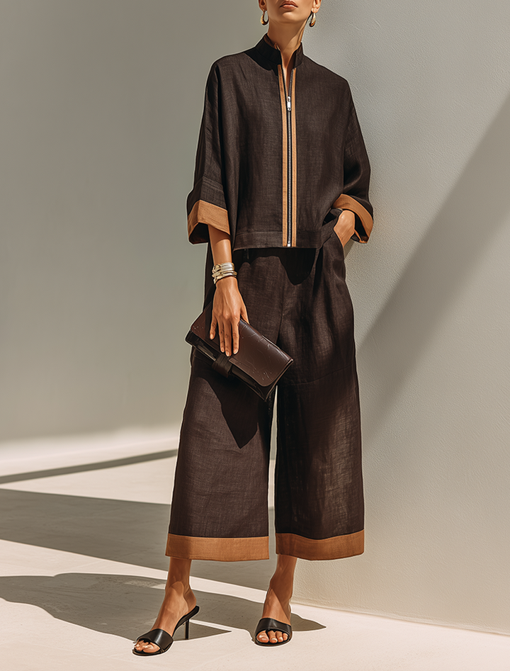 Dahlia two piece top and wide leg trouser set in brown