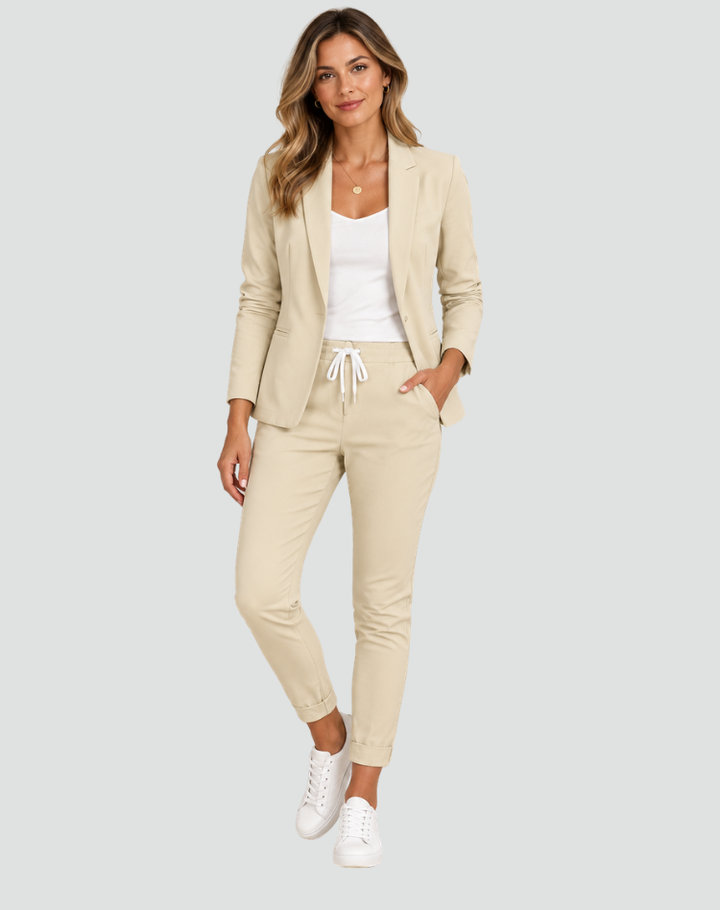 Cordula two piece blazer and trouser set in beige