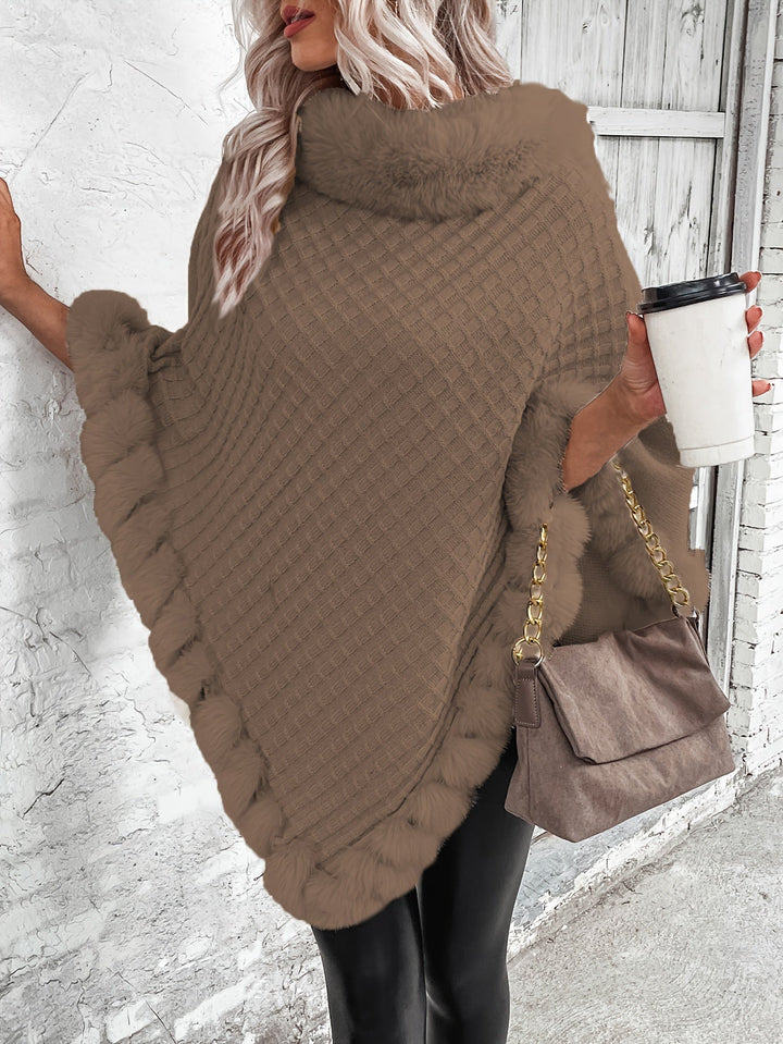 Fenella roll neck knit poncho with faux fur trim – image 3