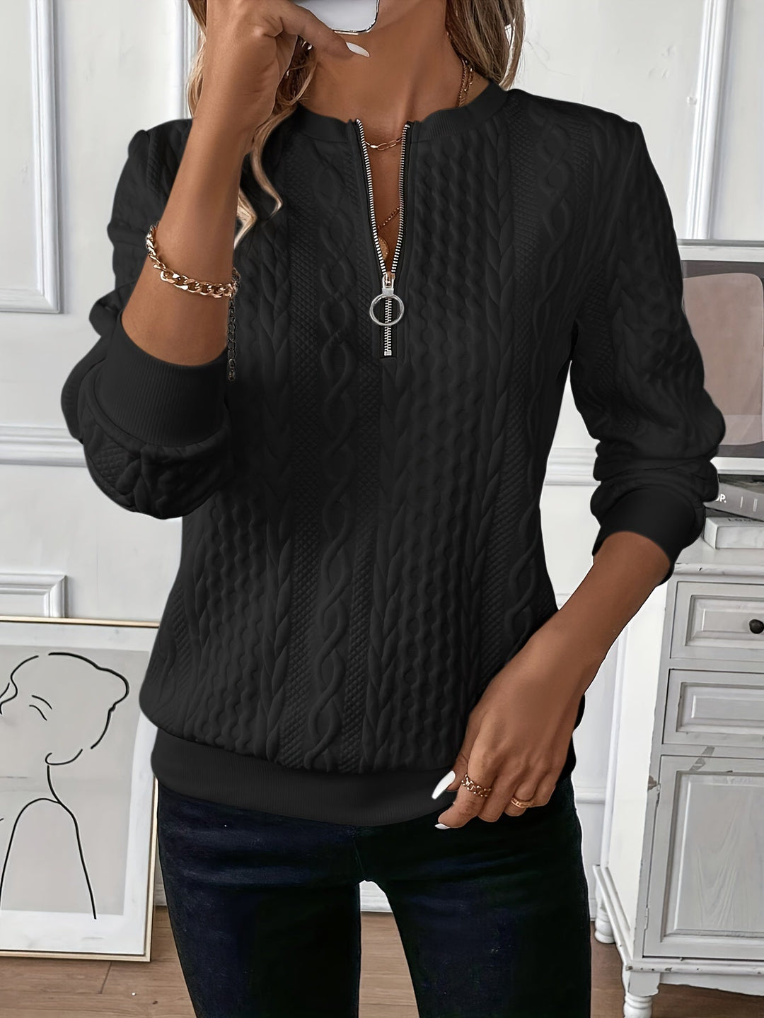 Edda cable knit jumper with zip collar – image 6