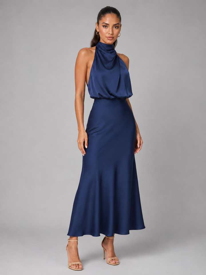 Violetta Elegant Satin High Neck Midi Dress - image 7