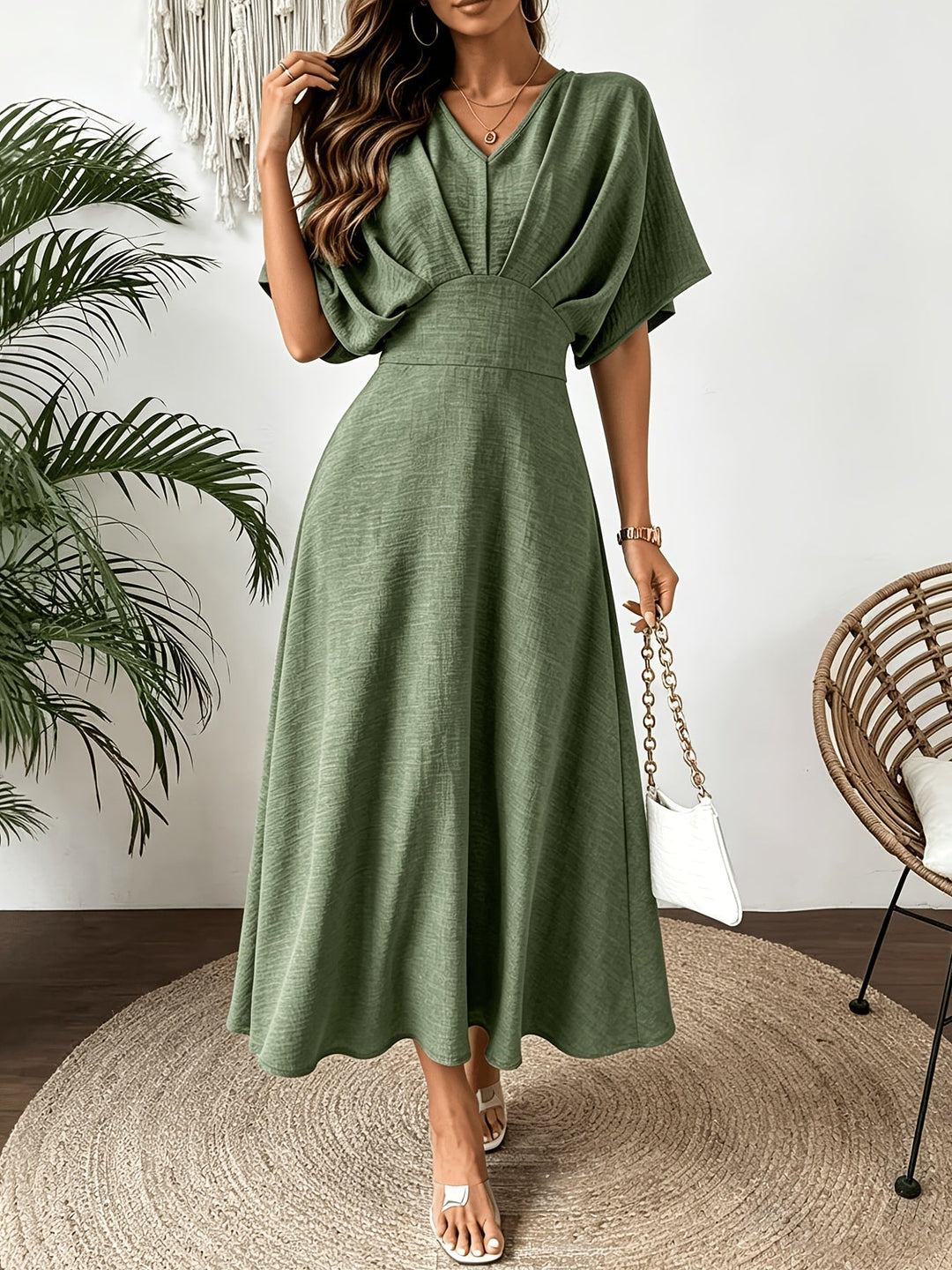 Romilly V neck midi dress with batwing sleeves