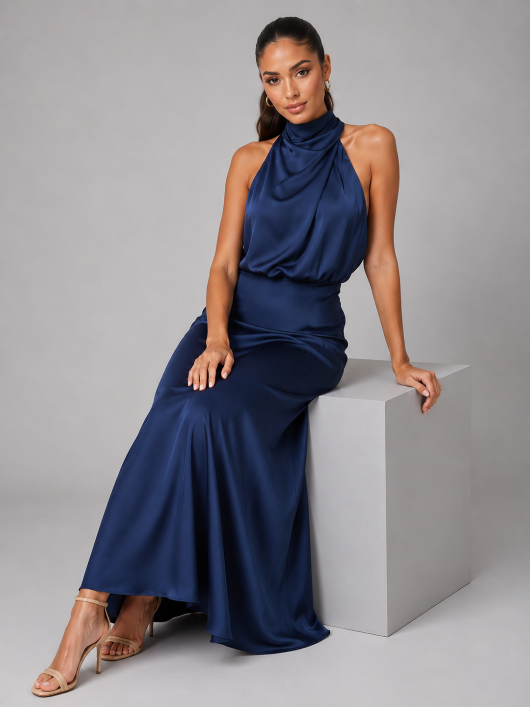Violetta Elegant Satin High Neck Midi Dress - image 5