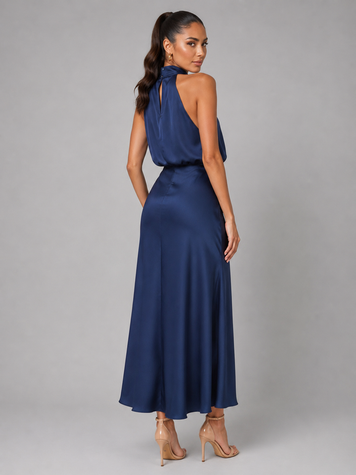 Violetta Elegant Satin High Neck Midi Dress - image 6