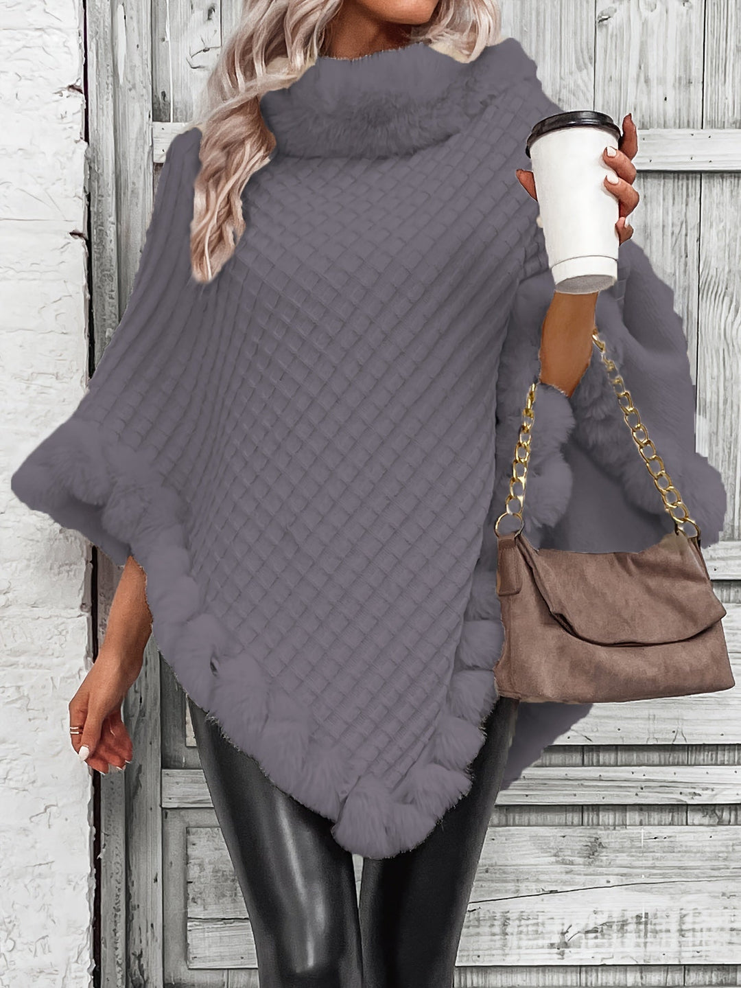 Fenella roll neck knit poncho with faux fur trim – image 2