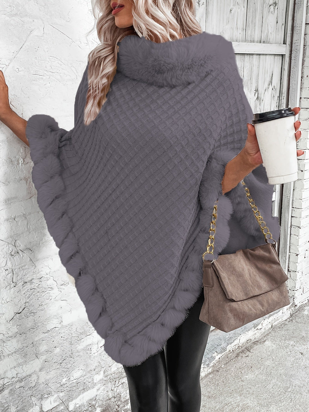 Fenella roll neck knit poncho with faux fur trim – image 7