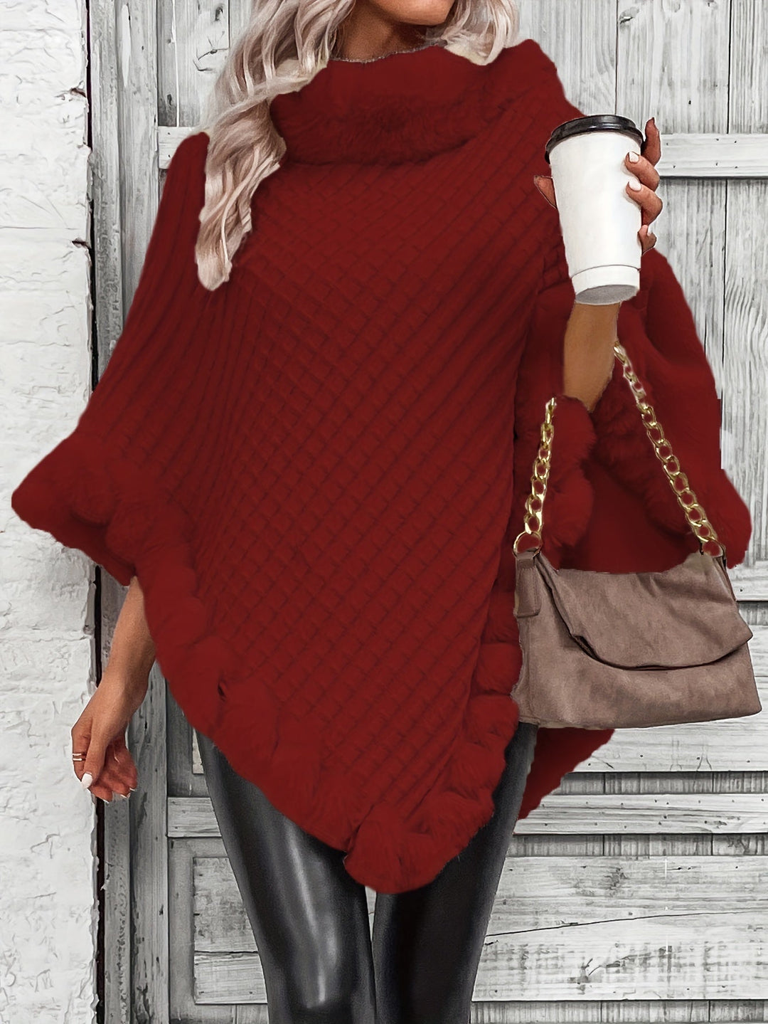 Fenella roll neck knit poncho with faux fur trim – image 4