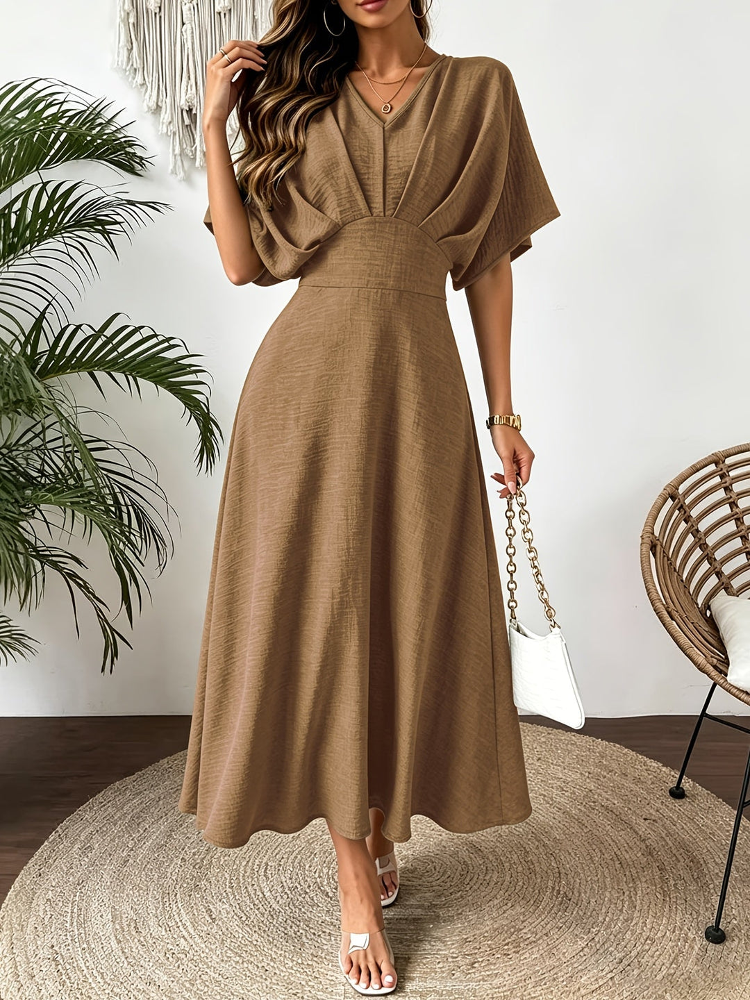 Romilly batwing sleeve midi dress in apricot
