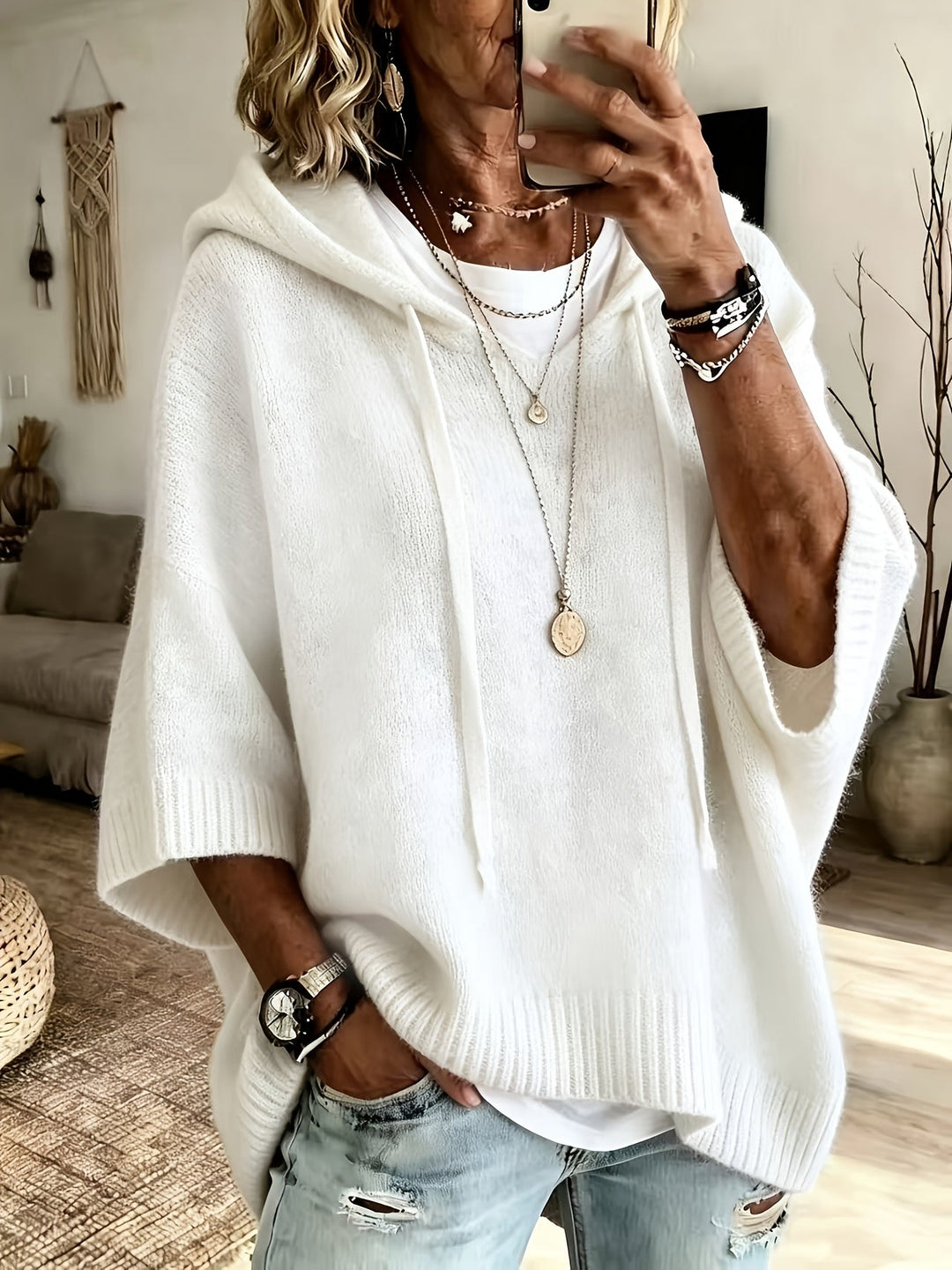 Hillevi oversized hooded batwing knitted jumper – image 5