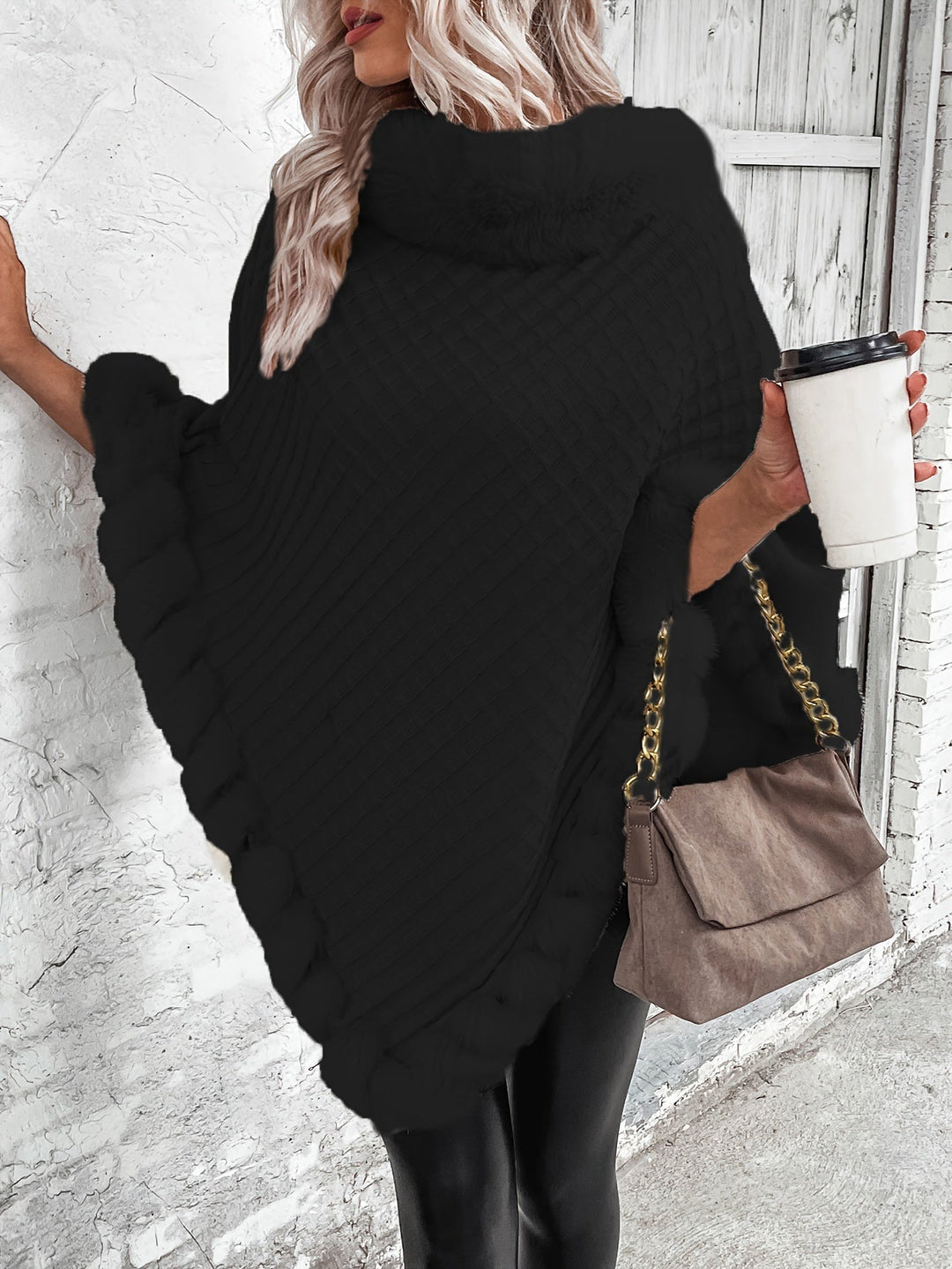 Fenella roll neck knit poncho with faux fur trim – image 6