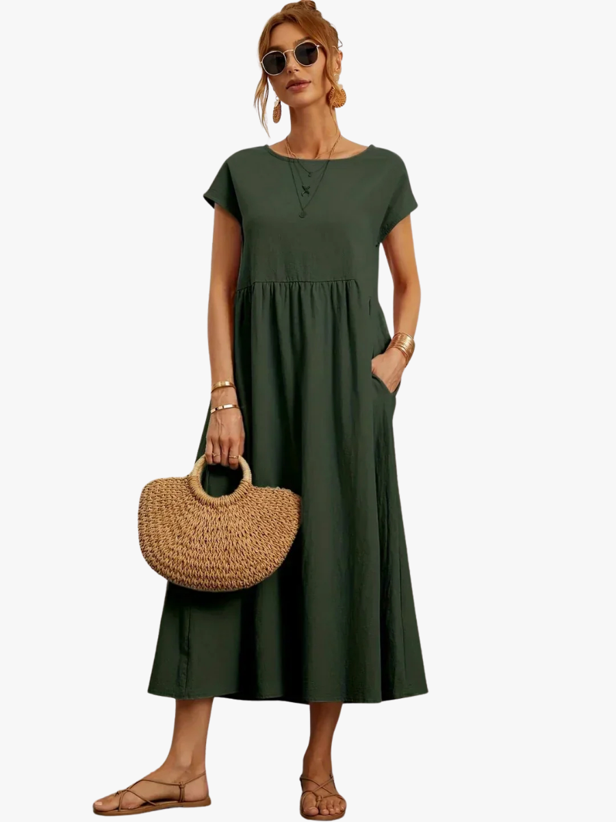 Isobel Elegant Gathered Waist Pleated Midi Dress