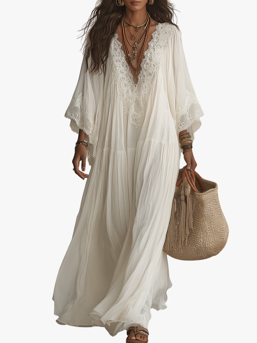 Ffion Elegant V Neck Maxi Dress with Lace Trim