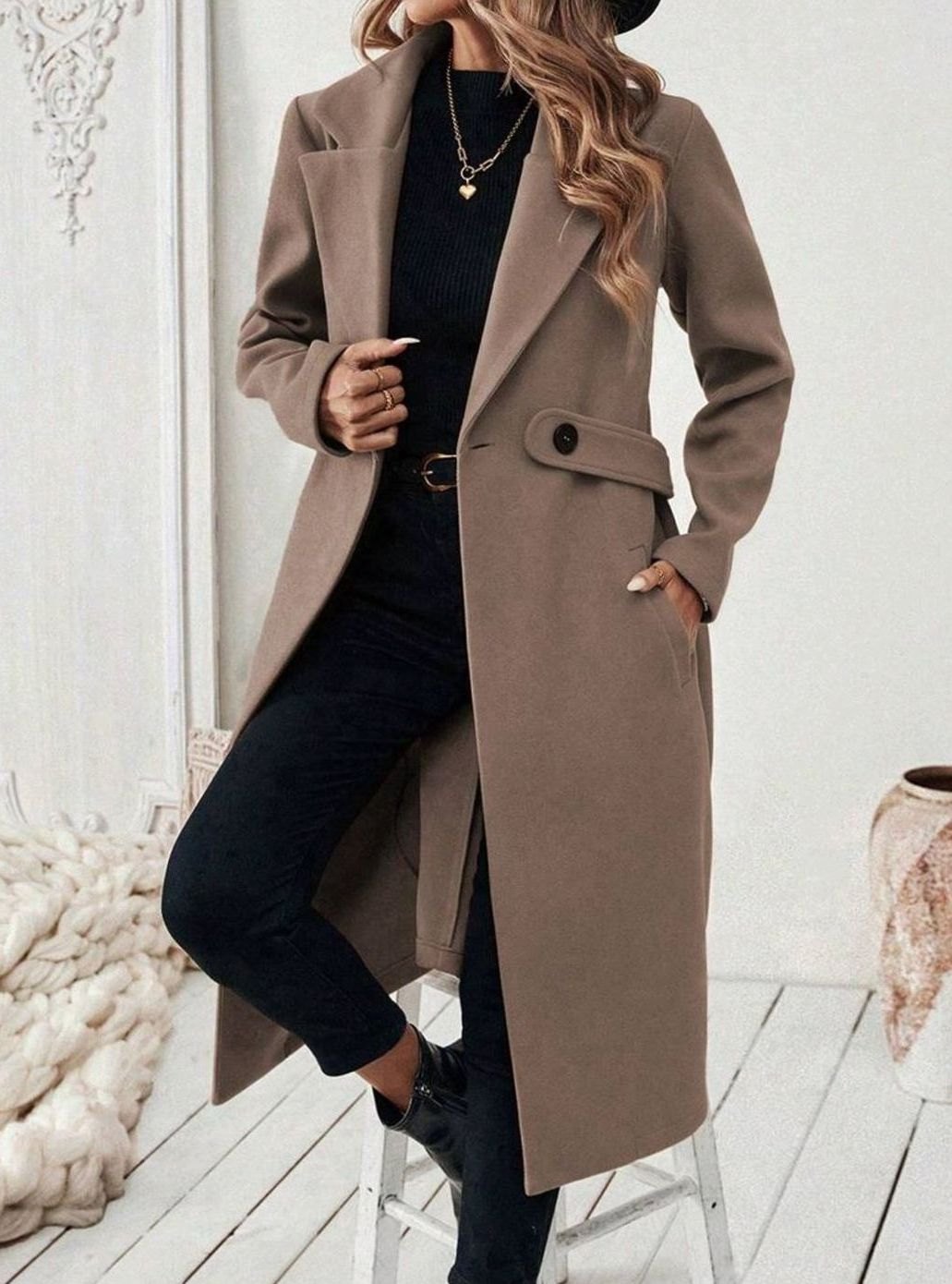 Esme belted long wool coat with wide collar – image 10