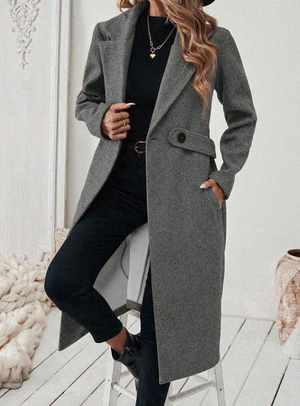 Esme belted long wool coat with wide collar – image 14