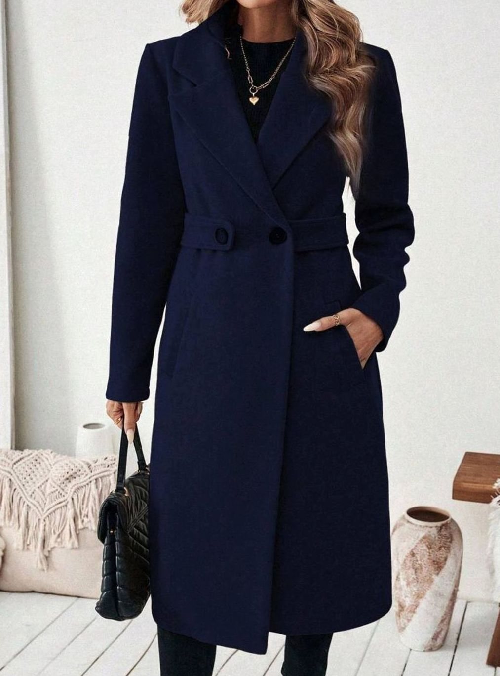 Esme belted long wool coat with wide collar – image 17