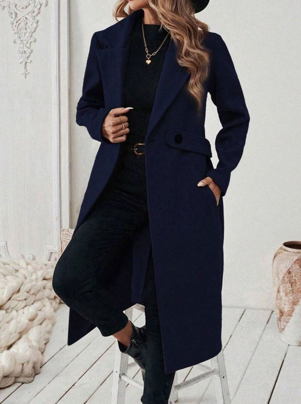 Esme belted long wool coat with wide collar – image 18