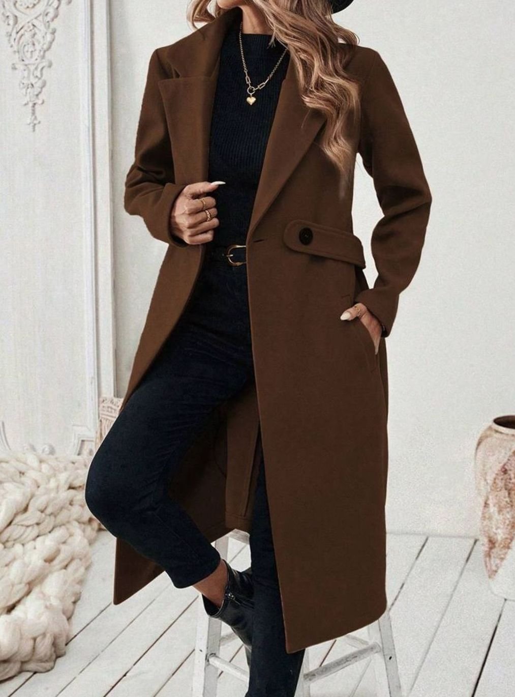 Esme belted long wool coat with wide collar – image 6