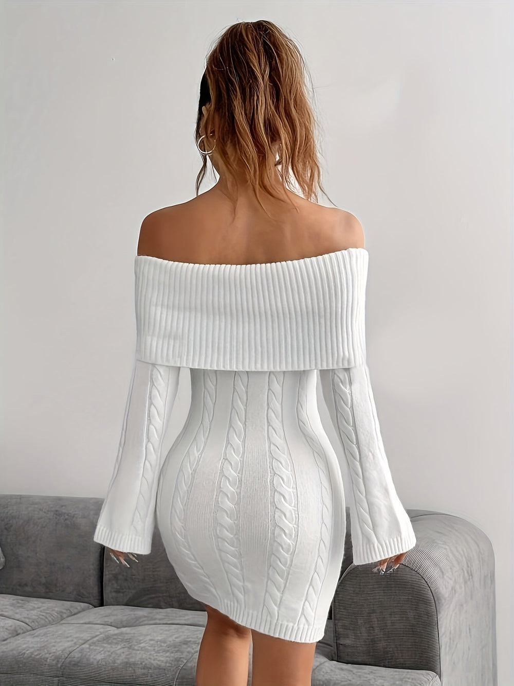Sidonie Elegant Cable Knit Off Shoulder Mini Dress - image 2