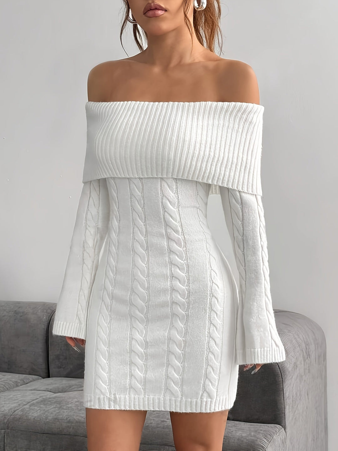 Sidonie Elegant Cable Knit Off Shoulder Mini Dress - image 3