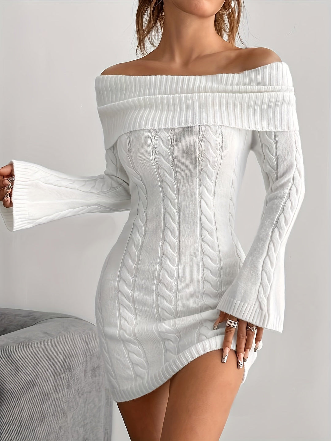Sidonie Elegant Cable Knit Off Shoulder Mini Dress