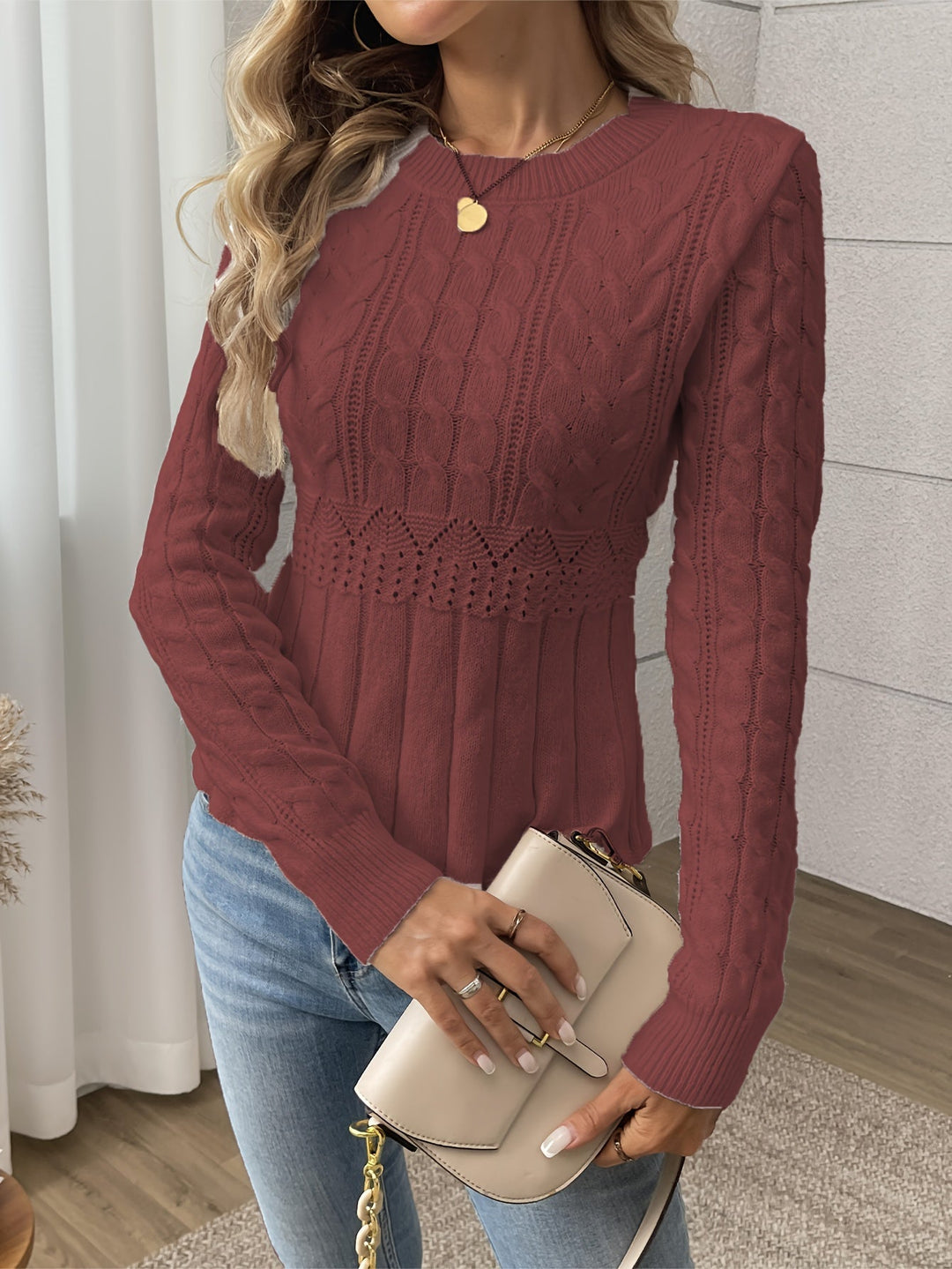 Anneke cable knit jumper with pointelle waist – image 6