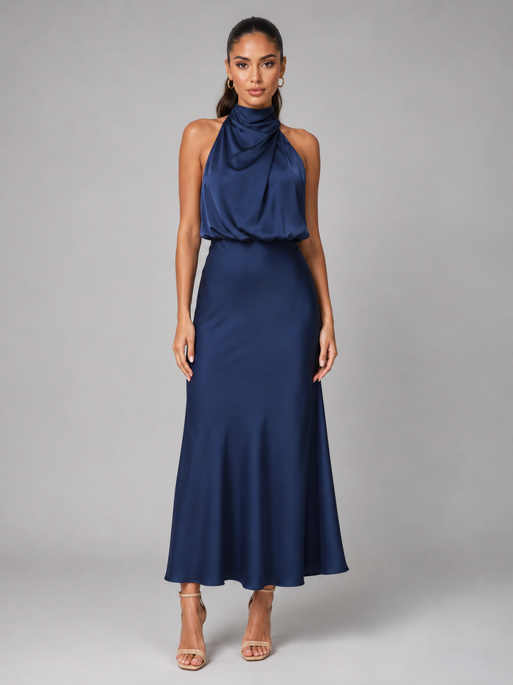 Violetta Elegant Satin High Neck Midi Dress