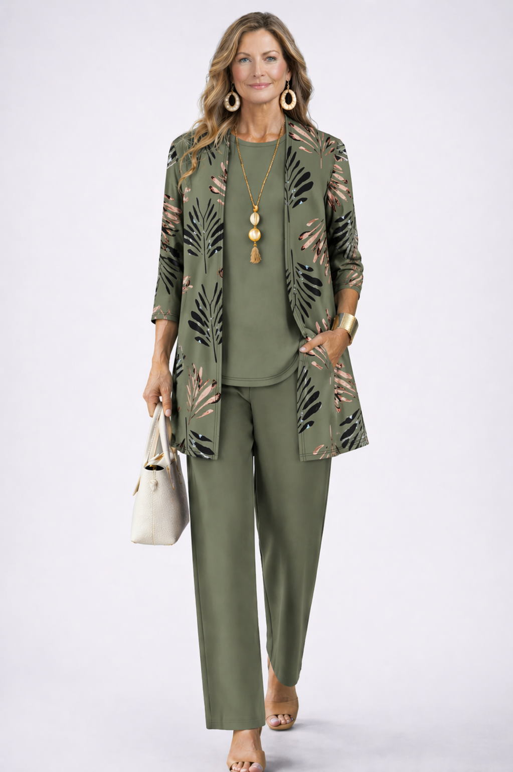 Felicity Elegant Three Piece Cardigan and Wide Leg Trouser Set