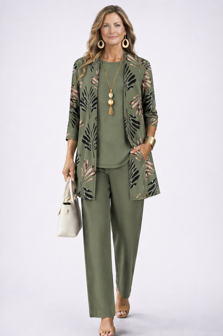Felicity Elegant Three Piece Cardigan and Wide Leg Trouser Set