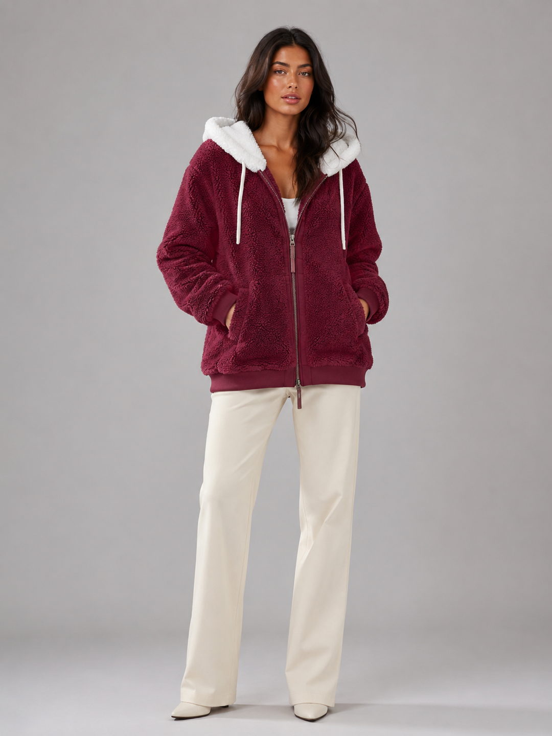 Ramona Elegant Contrast Hood Sherpa Zip Up Jacket