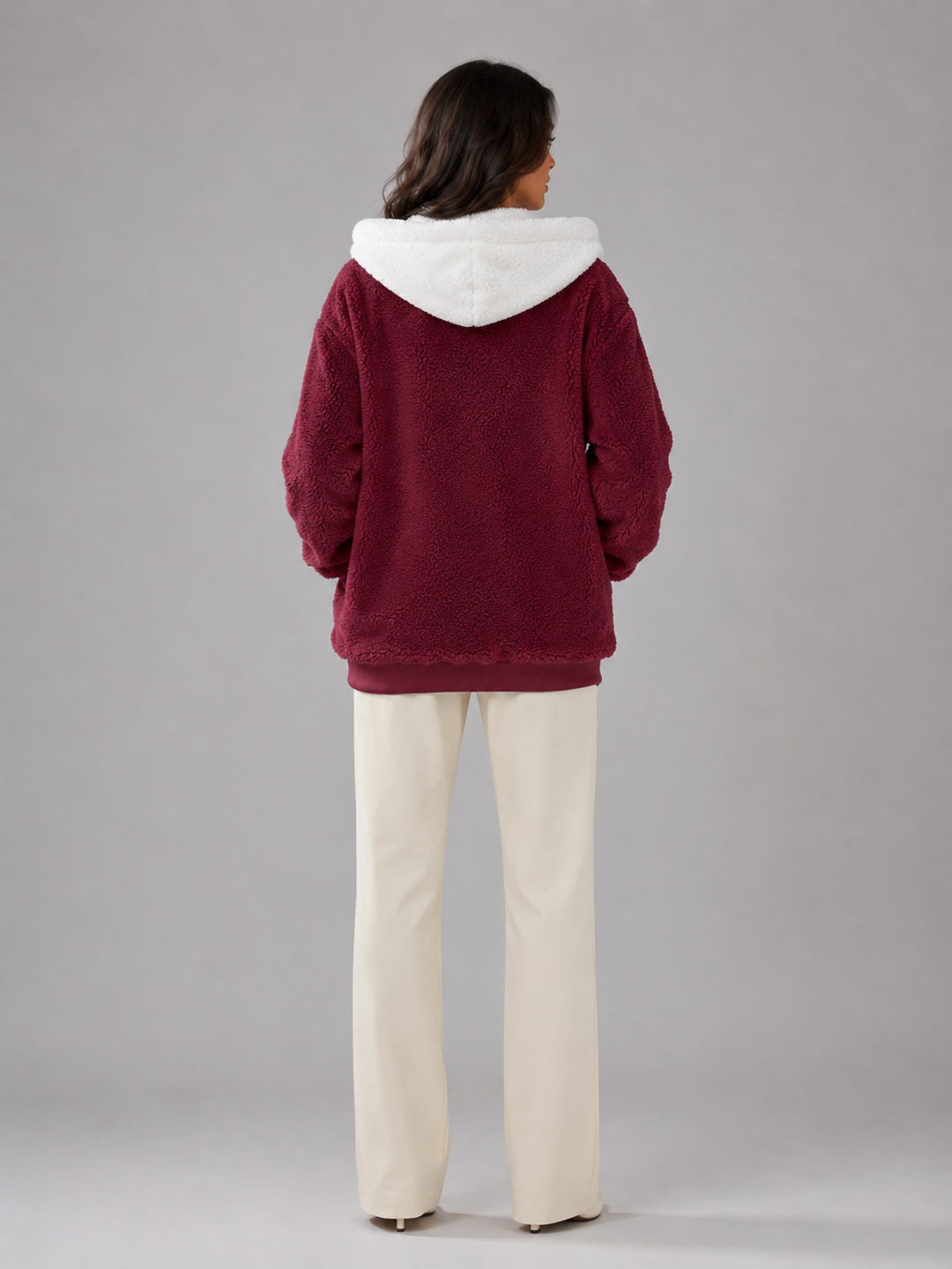 Ramona Elegant Contrast Hood Sherpa Zip Up Jacket - image 10
