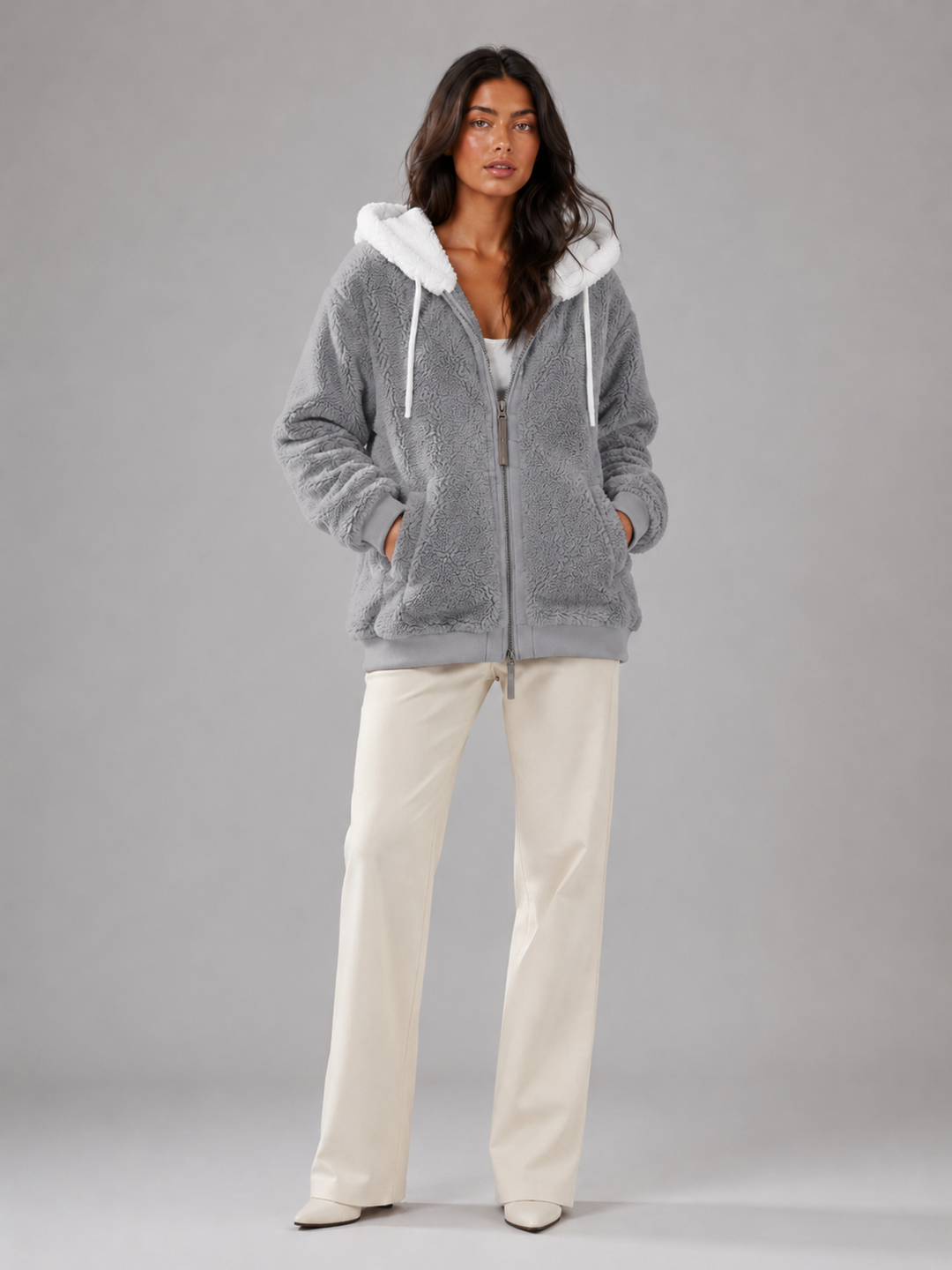 Ramona Elegant Contrast Hood Sherpa Zip Up Jacket - image 6