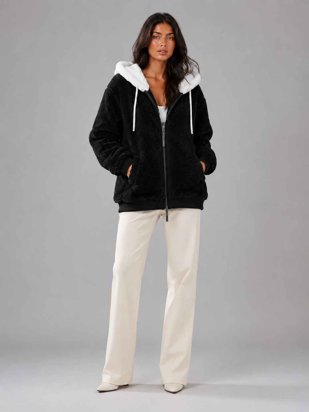 Ramona Elegant Contrast Hood Sherpa Zip Up Jacket - image 5