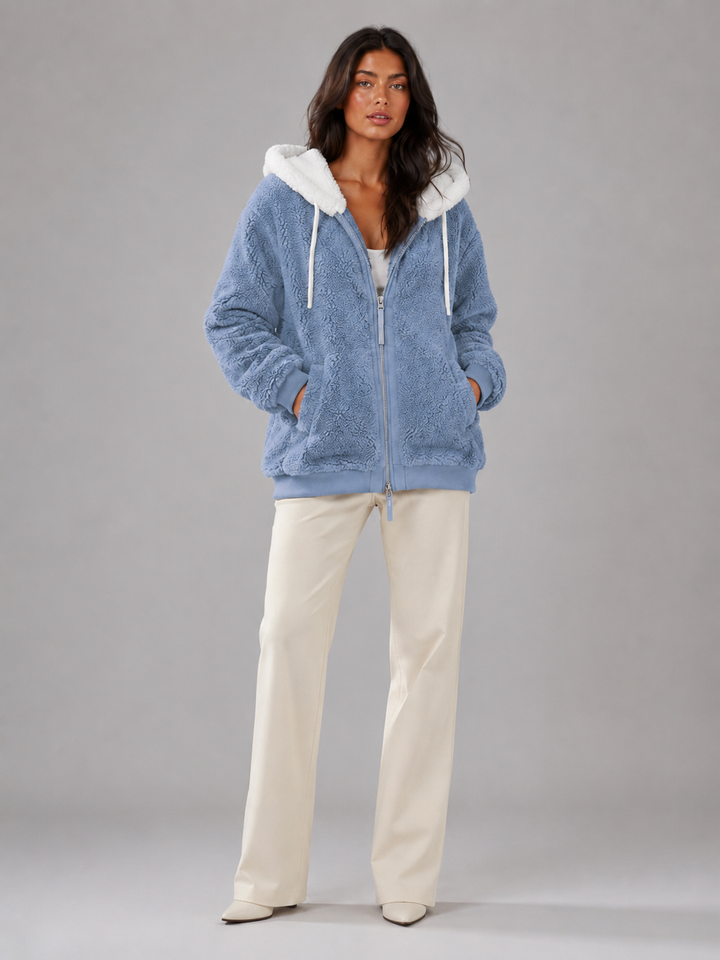 Ramona Elegant Contrast Hood Sherpa Zip Up Jacket - image 4