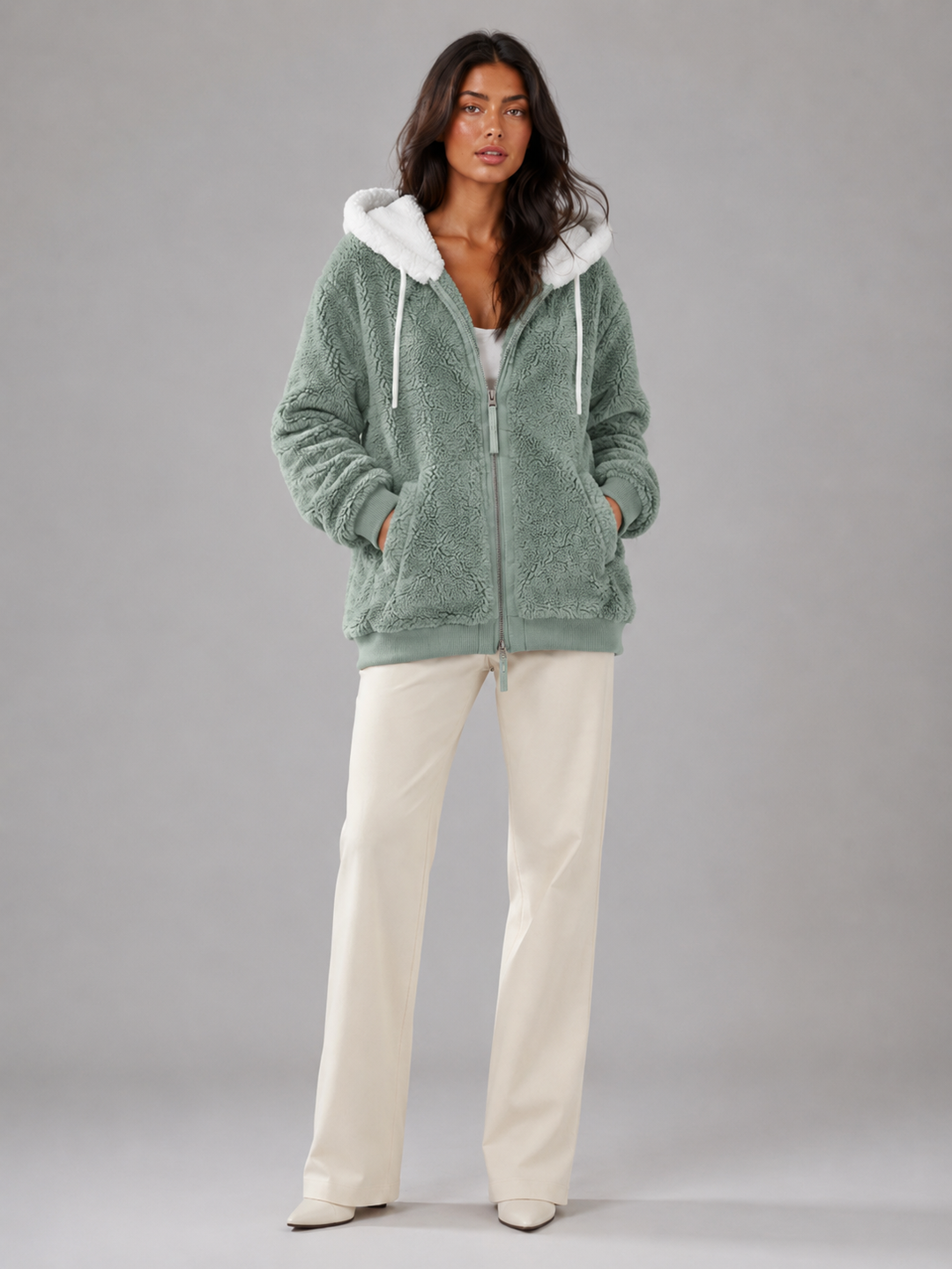 Ramona Elegant Contrast Hood Sherpa Zip Up Jacket - image 2