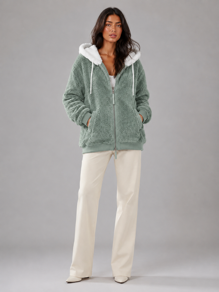 Ramona Elegant Contrast Hood Sherpa Zip Up Jacket - image 2