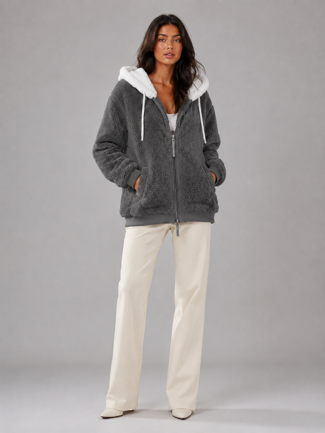 Ramona Elegant Contrast Hood Sherpa Zip Up Jacket - image 3
