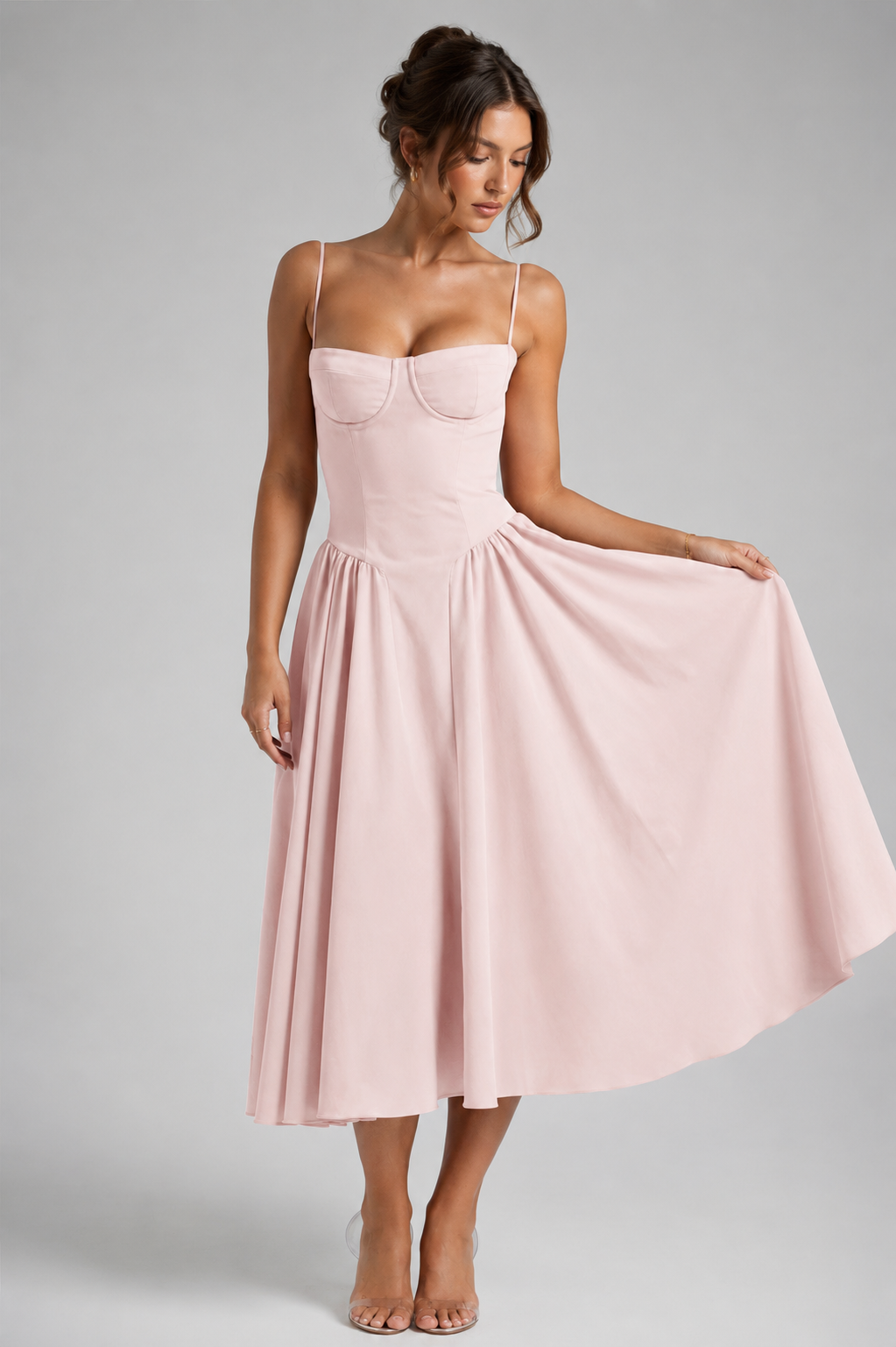 Bella corset midi dress with gathered skirt