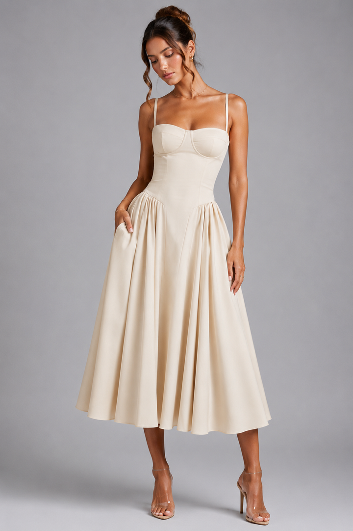 Bella corset midi dress with gathered skirt – image 5