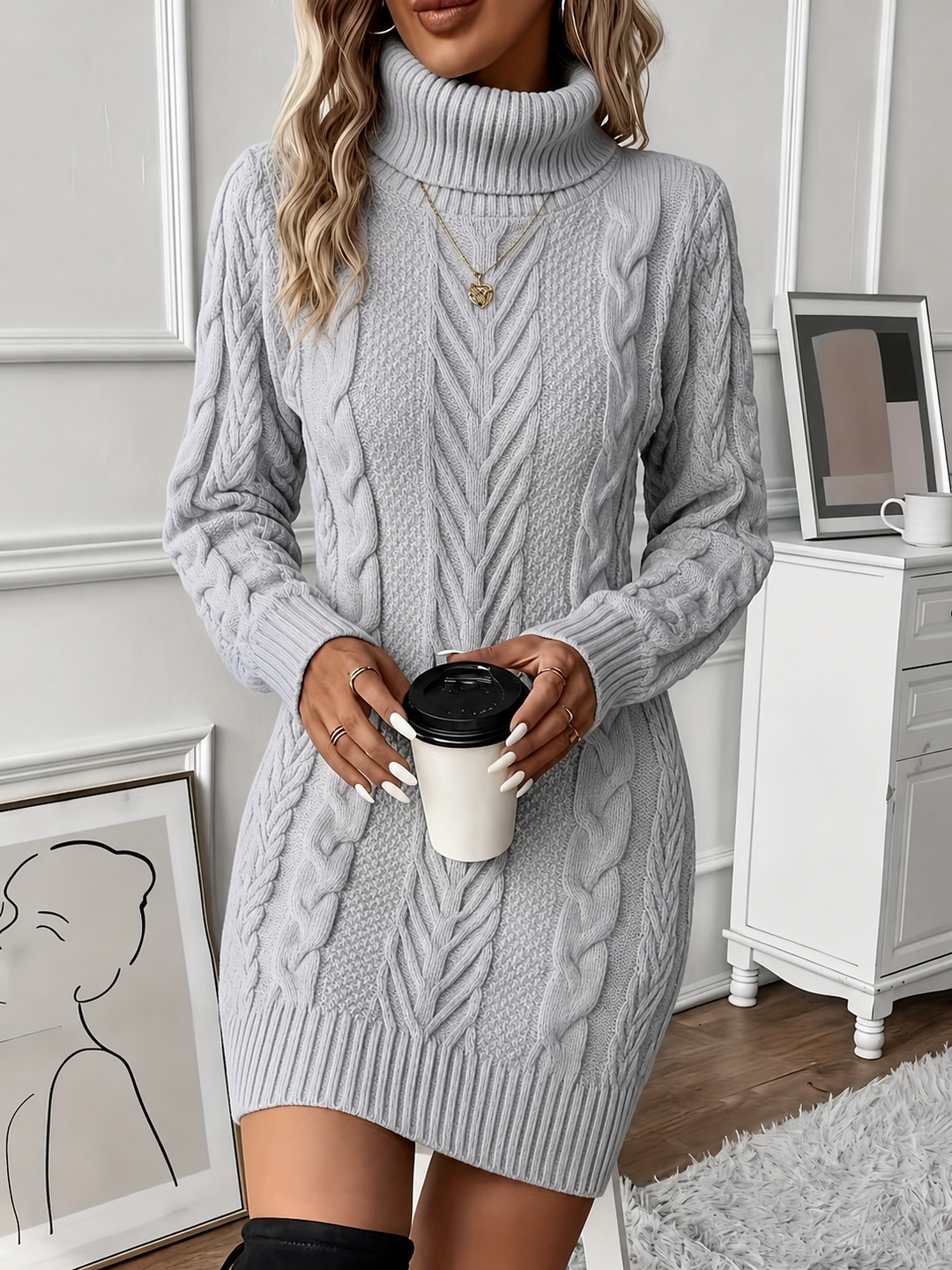 Astrid roll neck cable knit jumper dress – image 6