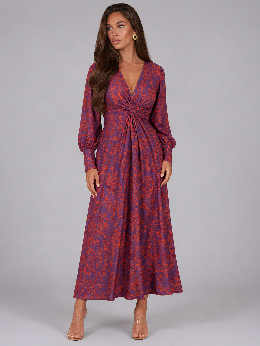 Penny Elegant Printed Knot Front Midi Dress