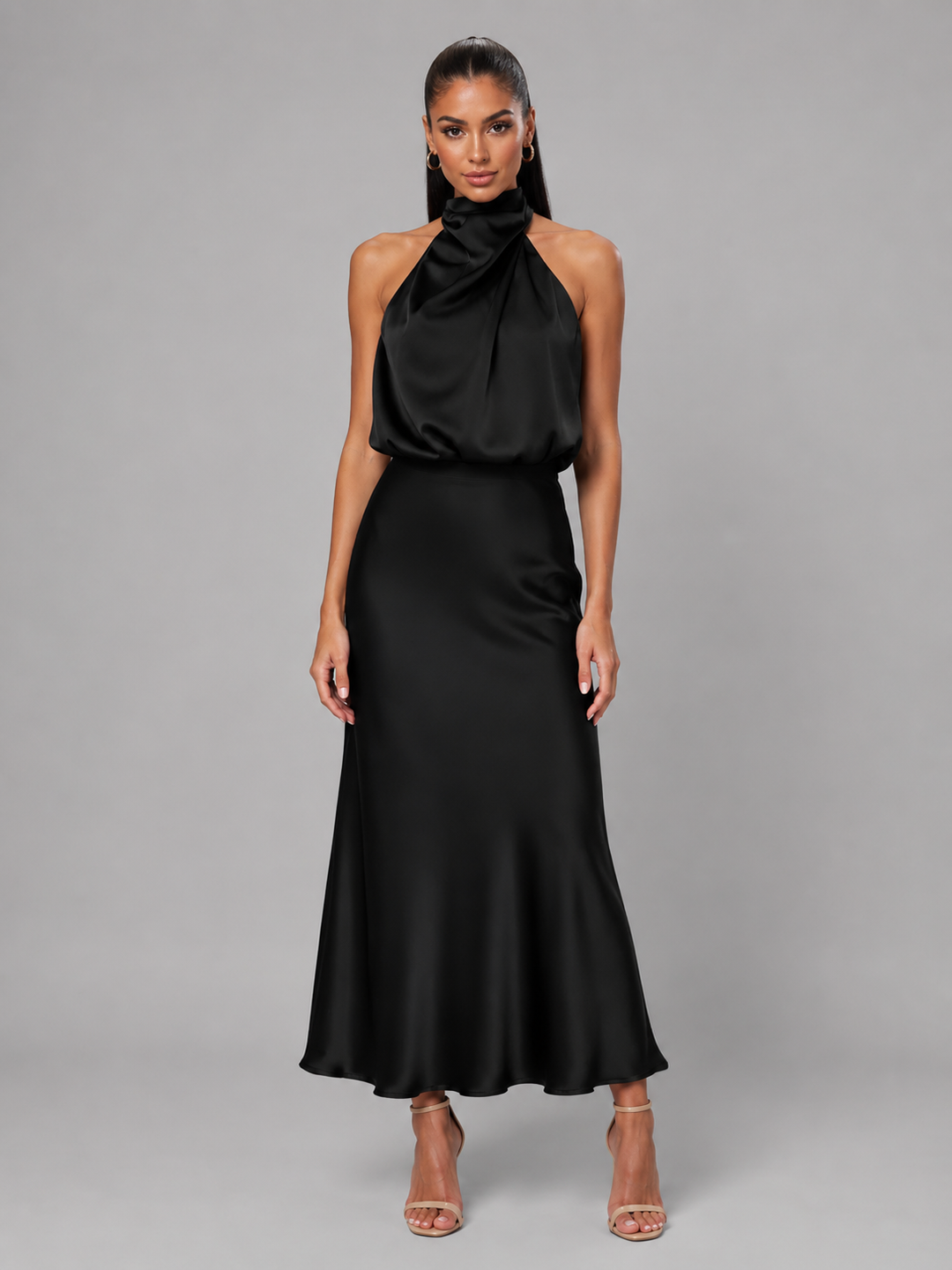 Violetta Elegant Satin High Neck Midi Dress - image 8