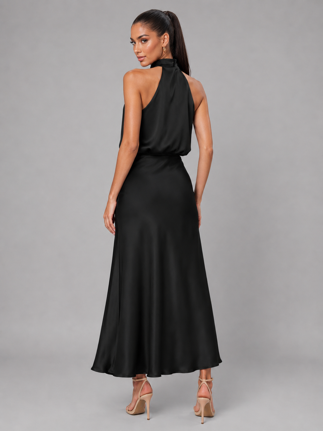 Violetta Elegant Satin High Neck Midi Dress - image 10