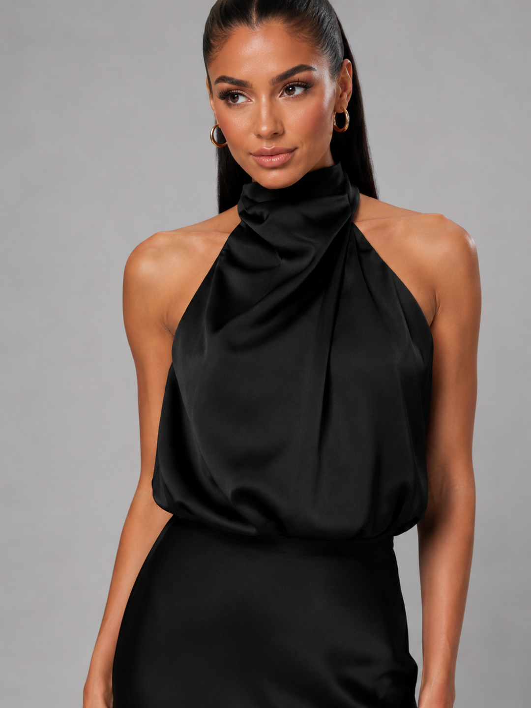 Violetta Elegant Satin High Neck Midi Dress - image 11