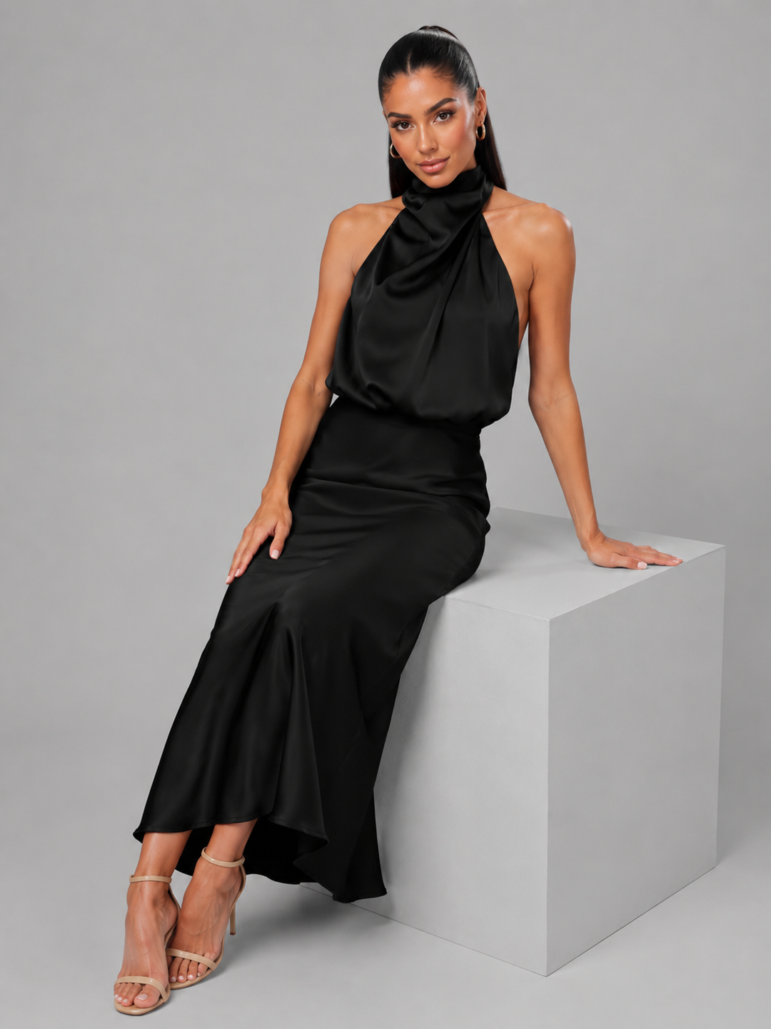 Violetta Elegant Satin High Neck Midi Dress - image 12