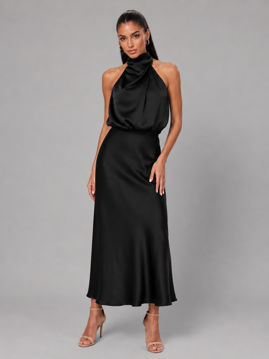 Violetta Elegant Satin High Neck Midi Dress - image 13
