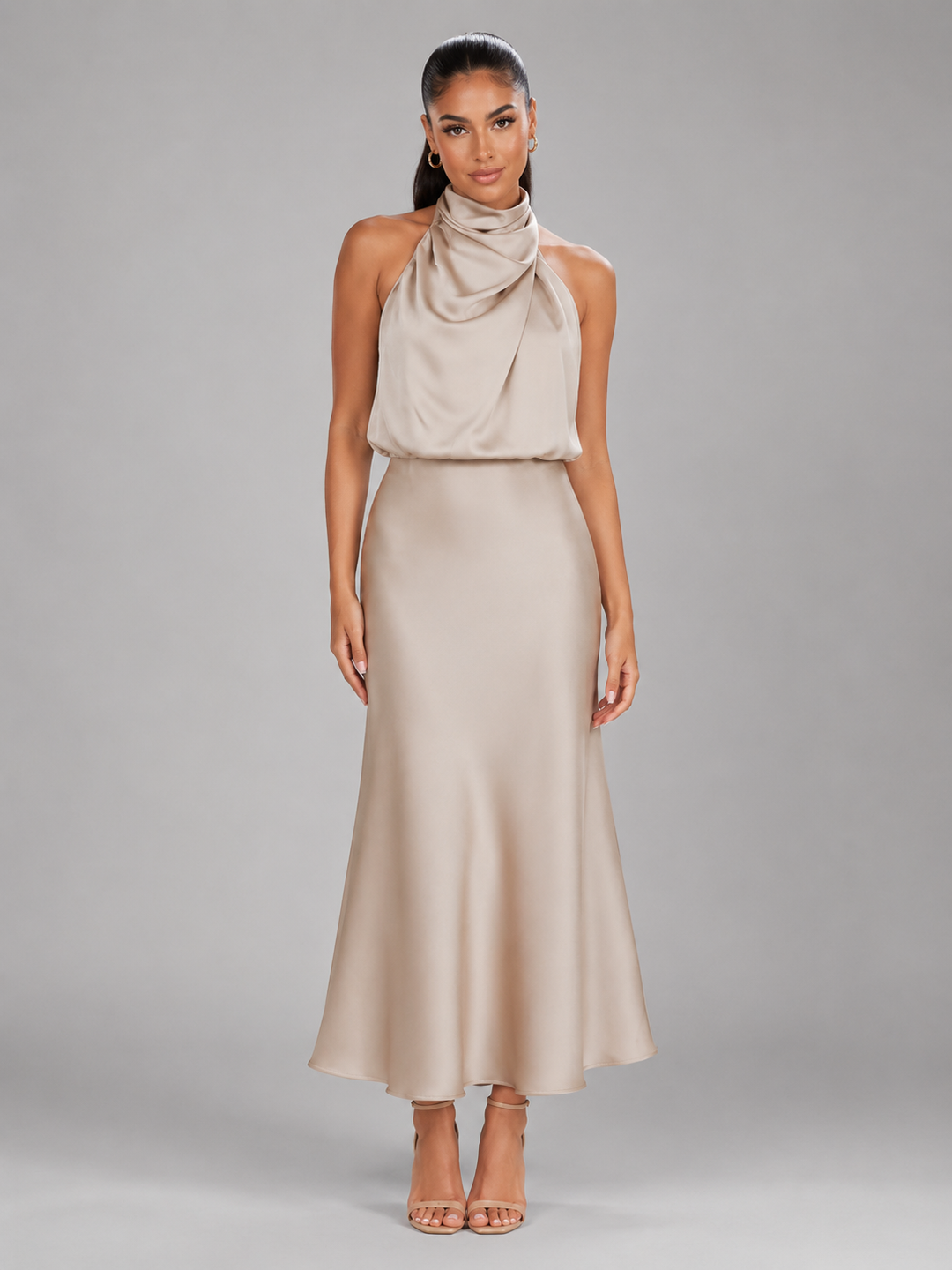 Violetta Elegant Satin High Neck Midi Dress - image 16